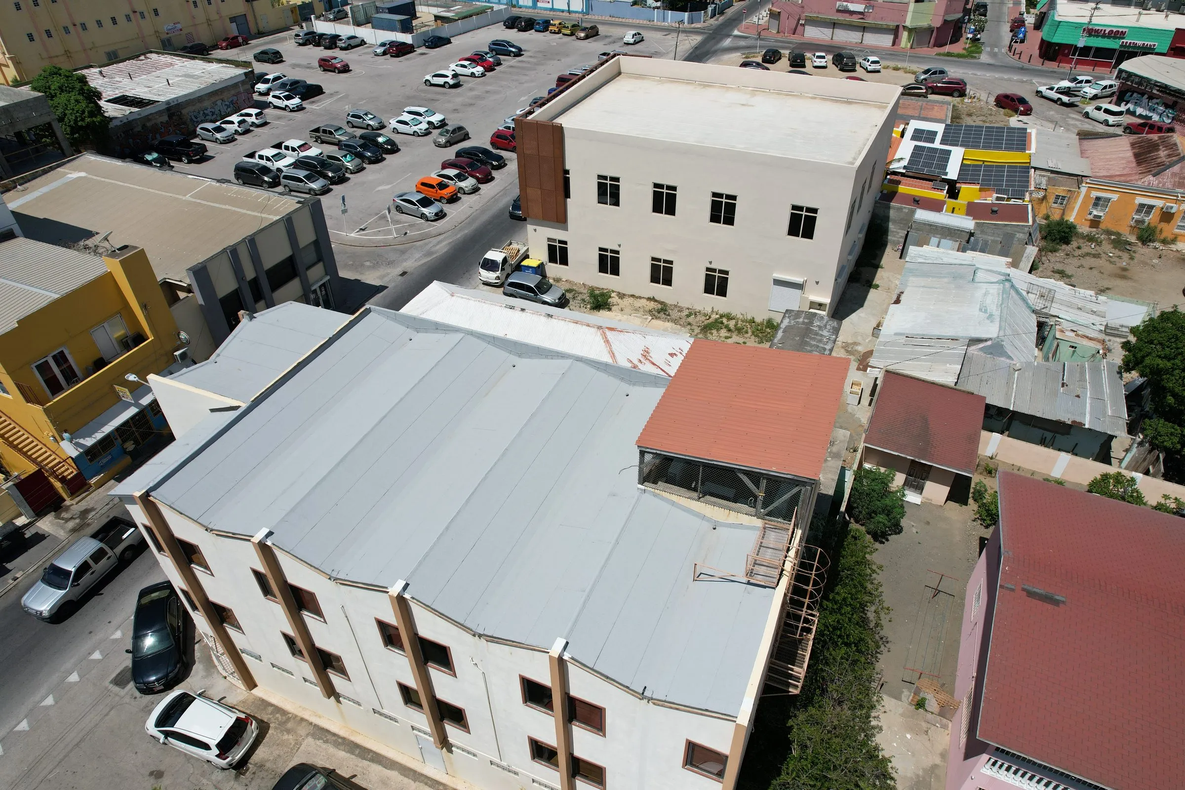 Commercial buildings with flat roofs in town